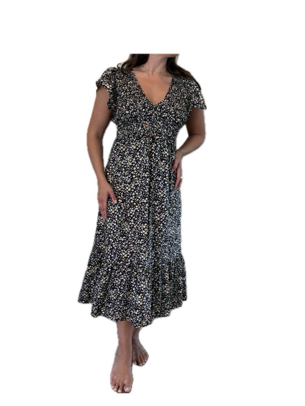 RAILS Clementine Smocked Cotton Midi Dress Medium Black Mini Floral